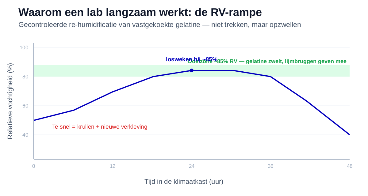 Grafiek van relatieve vochtigheid over tijd: langzame rampe van omgevingsvocht naar ongeveer 85 procent, vasthouden om los te weken, daarna gecontroleerd terugdrogen